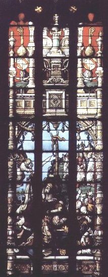 Partie inférieure du vitrail central - Sacrifice d'Abraham - Moïse et le serpent d'airain